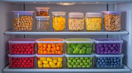 A fridge organized with clearly labeled meal prep boxes and portion-controlled snacks.