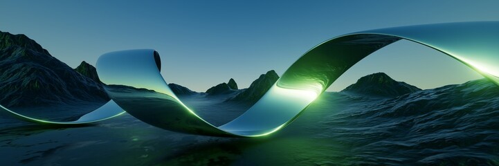 Fototapeta na wymiar 3d render illustration. Futuristic aesthetic landscape wallpaper. A massive chrome sculpture wraps around a futuristic landscape of black stone mountains.
