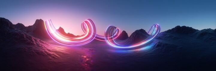 Obraz na płótnie Canvas Surreal fantasy landscape with rocky mountains under a sunset sky. Glowing neon lines in motion create an abstract and futuristic panoramic background. 3d render illustration.
