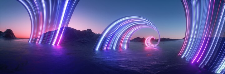 Obraz na płótnie Canvas Surreal fantasy landscape with rocky mountains under a sunset sky. Glowing neon lines in motion create an abstract and futuristic panoramic background. 3d render illustration.