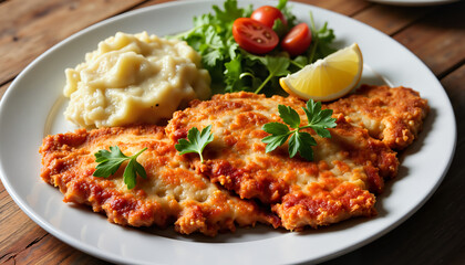 Naklejka premium Crispy breaded chicken fillets served with mashed potatoes and salad - Concept of Argentina Milanesa dish 