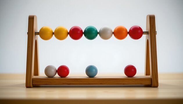 A wooden abacus with two rows of beads, each containing red and green spheres as counting pieces.