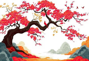 Vibrant cherry blossom tree with birds and clouds