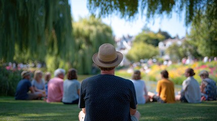 A man wearing a straw hat sits in the foreground, facing away from the camera, with a group of people sitting on the grass in the background, enjoying a sunny day in a park.