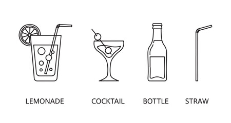 Set of line icons for cold beverages. Includes lemonade, cocktail, bottle, and straw. Pertains to the concept of drinks. Applicable to themes such as summer, bar menu, and cafe.
