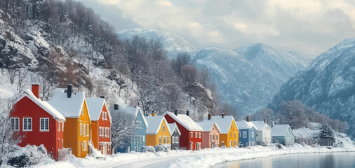 European colorful houses along winter snowy street, minimalist style flat art design landscape