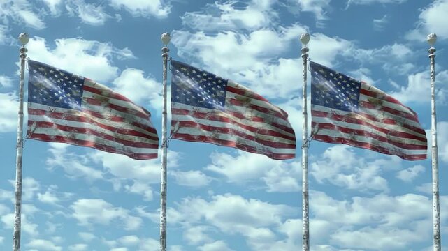 A sunny day with three US flags waving in the wind