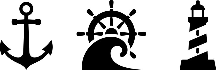 Nautical icons of an anchor, ship's wheel over a wave, and a lighthouse.