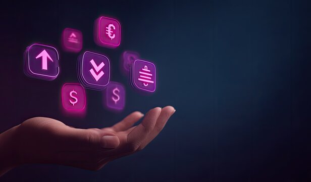 Hand holding floating financial icons