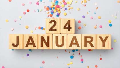 Wooden Blocks with Date 24 January. Calendar for birthday or anniversary on solid colored background with confetti