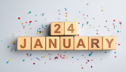 Wooden Blocks with Date 24 January. Calendar for birthday or anniversary on solid colored background with confetti