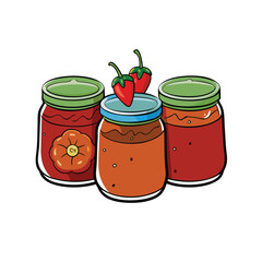 Artistic illustration of fresh salsa jars with vibrant tomato chili and onion ingredients
