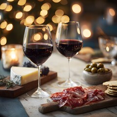 Illustration of festive wine and cheese board with holiday lights creating a cozy and inviting atmosphere for celebration