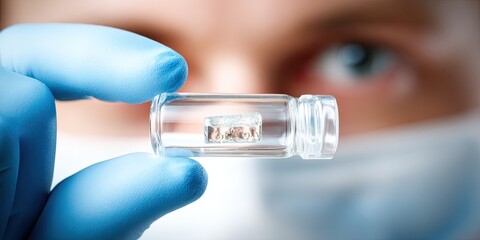 Scientist examines small vial containing sample