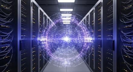 Data Center with Futuristic Hologram - Powering the Digital Age.