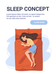 Sleep concept woman resting bed relaxation top view cozy bedroom orange blanket modern landing page template