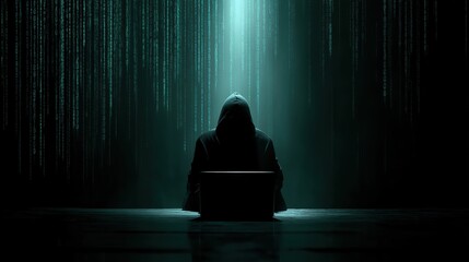 a dark-hooded hacker silhouette sits in front of a laptop, with a binary code background in a dark blue and green color scheme. the lighting is low, creating a dramatic, high-contrast
