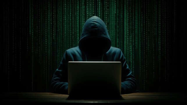 a hacker in a dark blue hoodie sitting at a table with a laptop, a background of green numerical code, chiaroscuro lighting, and backlighting.