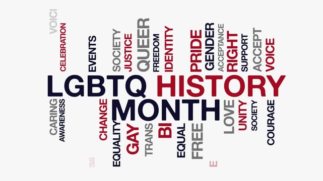 LGBTQ History Month concept Animated Tag Word Cloud kinetic typography, Text Design Animation typography seamless loop video motion graphics Intro 4k,  Word Art Looping Text effects red blue grey typ