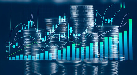 Stacks of silver coins with digital finance data overlay — concept of investment growth, cryptocurrency and financial analytics