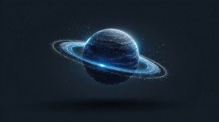A stylized, digital representation of a ringed planet, rendered in shades of dark blue and light blue.  A luminous ring encircles the planet, which appears textured and composed of glowing particles