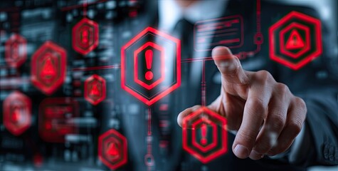 A hand in a suit points to a red alert symbol on a digital interface with many other alerts