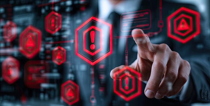 A hand in a suit points to a red alert symbol on a digital interface with many other alerts