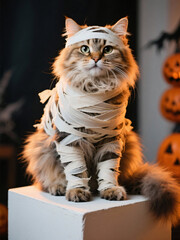 Halloween cat mummy costume spooky decor indoor setting festive vibes whimsical perspective