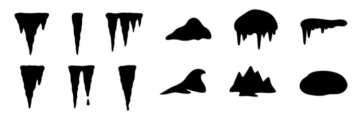 cave stalactites and stalagmites silhouette icons set