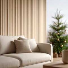 Cozy living room interior with modern beige sofa and wood slat wall creates peaceful mood for sustainable christmas celebration with decorated pine tree