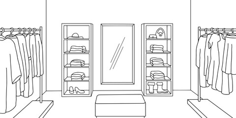 Dress store interior graphic black white sketch illustration vector 