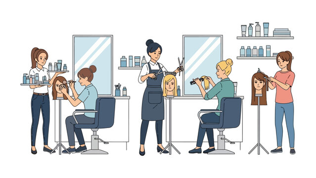Diverse group of people practicing hairdressing techniques in a bright salon setting with mannequins and styling tools