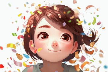 Smiling Woman with Falling Confetti