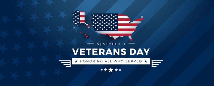 Veterans Day patriotic background with the US flag and USA full map including Alaska and Hawaii - Honoring all who served typography vector illustration