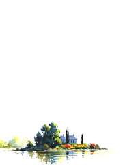 river landscape with trees and churck decorative element with white area for insertion