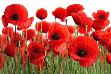 Obraz premium Vibrant red poppies in a field, isolated against white