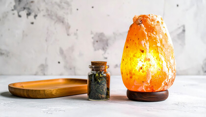 Warm orange glow emanating from a therapeutic salt lamp, enhancing a serene atmosphere with natural elements