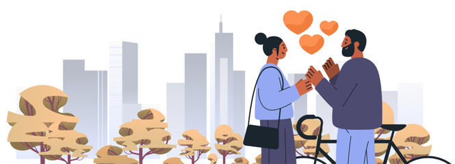 Couple in love city park romance autumn trees bicycle skyline flat design