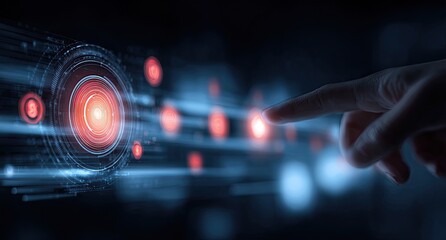 Hand interacting with a futuristic interface, glowing red circles and lines