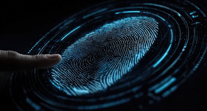 Fingertip touches a digital fingerprint graphic - Powered by Adobe