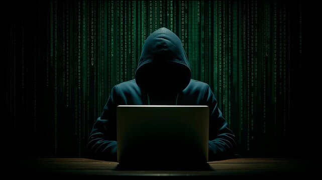 a hacker in a dark blue hoodie sitting at a table with a laptop, a background of green numerical code, chiaroscuro lighting, and backlighting.