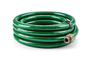 Green garden hose pipe coiled with water droplets on white background