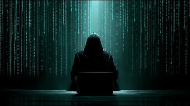 a hacker in a dark blue hoodie sitting at a table with a laptop, a background of green numerical code, chiaroscuro lighting, and backlighting.