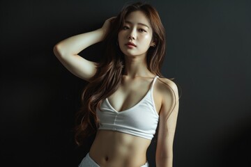 Young woman in white top on dark background. Neural network AI generated