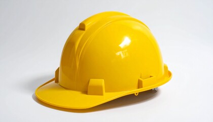 A bright yellow construction helmet on a white surface, symbolizing protection, labor, and industrial precision.