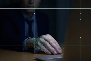 Man in suit using laptop, digital hand overlay