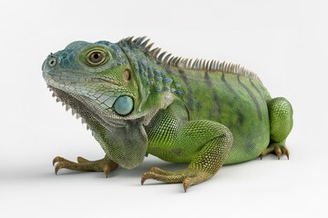 Fototapeta premium Green iguana resting on white background: studio shot