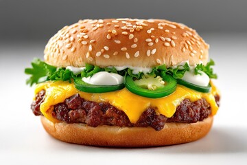 Delicious cheeseburger with jalapeño, lettuce, and mayonnaise on sesame seed bun