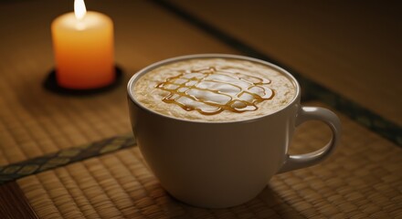 Warm Caramel Coffee in Cozy Setting with Candlelight on Bamboo Mat