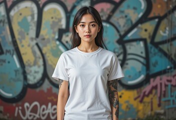 Naklejka premium White t-shirt mock up portrait of a asian beautiful girl in studio with graffiti in background